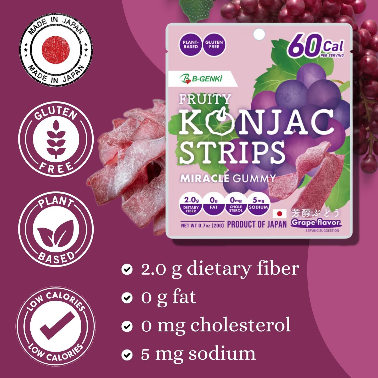 B-GENKi Fruity Konjac Strips Grape 0.7oz (20g)